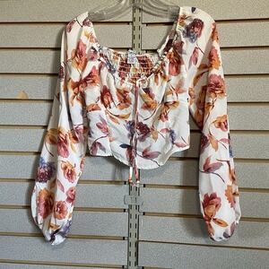 Rue 21 NWOTS Chiffon White Flowered‎ Floral Long Sleeve Crop Top Size M Medium